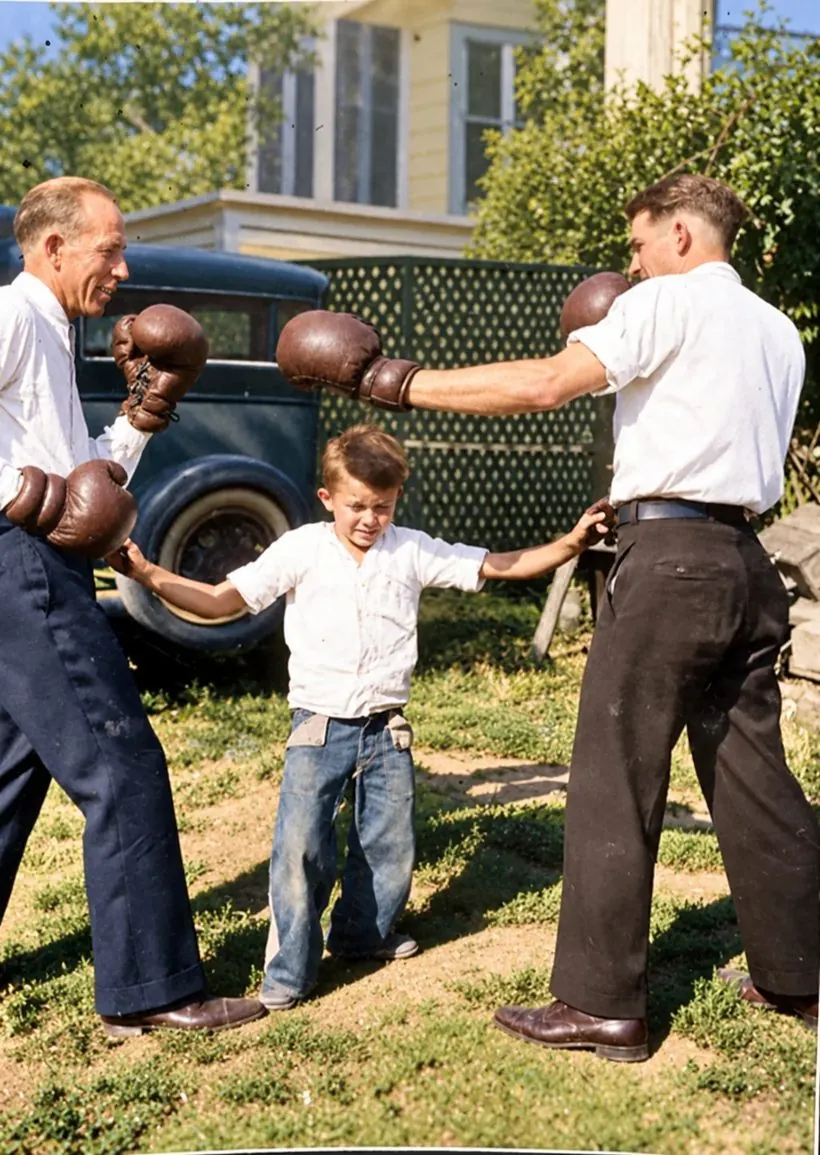 Pat Christenson at about eight, getting a boxing lesson in the backyard, 1930