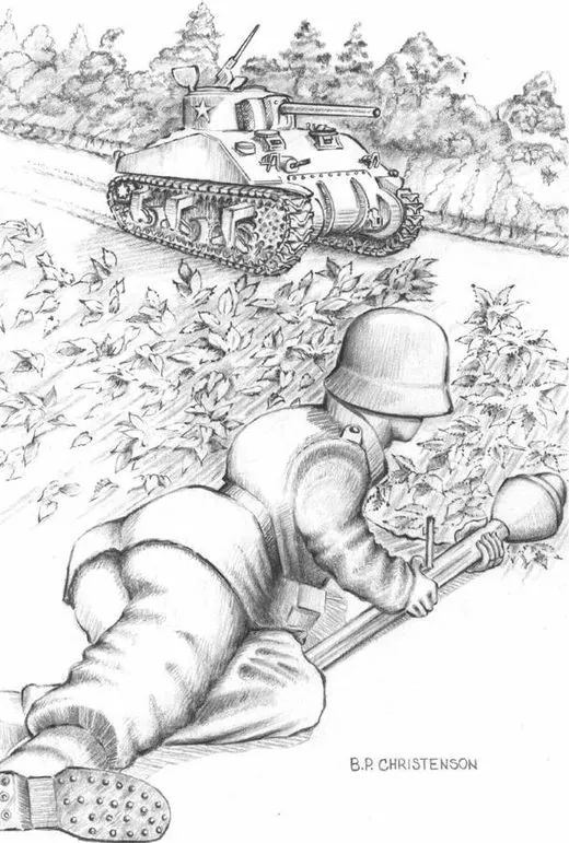 German soldier with a panzerfaust waiting for a Sherman tank